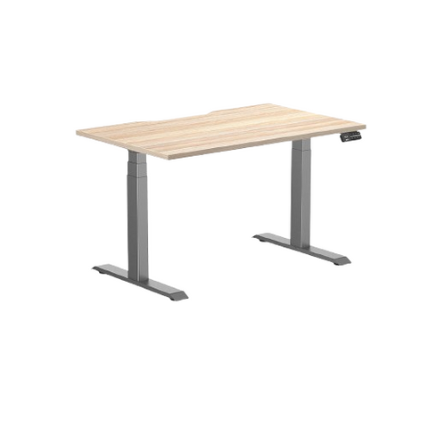 Desky Dual Scalloped Melamine Sit Stand Desk - Classic Oak / 1200x750mm / Space Grey