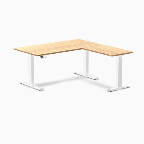 Desky Bamboo L-Shape Sit Stand Desk 150 x 155 cm Bamboo Top and White Leg