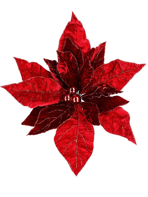 Christmas Warehouse - PICK2417 Giant Red Velour Poinsettia With Glitter Christmas Tree Clip Pick | 55cm Red