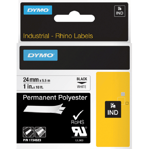 Dymo 1734523 Rhino Industrial Tape Permanent Polyester 24mm (Black On White)