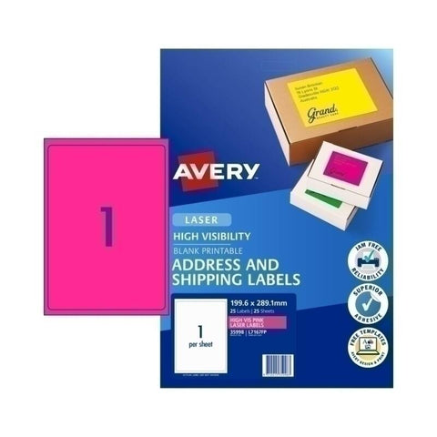 Avery Fluoro Pink High Visibility Shipping Labels for Laser Printers, 199.6 x 289.1 mm [25-Pieces]