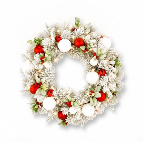 76cm Large Pre-Lit Snowy Christmas Wreath 70 Warm White LED Lights Timer Red Baubles Berries Front Door Xmas Decor