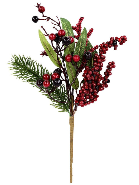 Christmas Warehouse - PICK2306 Pine Sprig Leaf & Red Berry Natural Look Christmas Stem Pick | 32cm Green with Mahogany Red, Cherry Red & Red