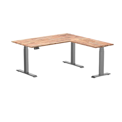 Desky Hardwood L-Shape Sit Stand Desk 150 x 155 cm Acacia Top and White Leg