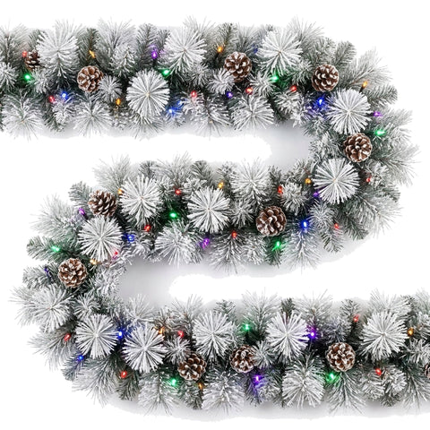 Christabelle 2.74m Alpine Snow Christmas Garland Pre Lit Multi Function LED Timer Flocked Pine Cones