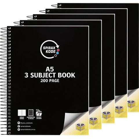 Spirax Kode 3-Subject Section Notebook Book A5 (Black) [5 Pack]