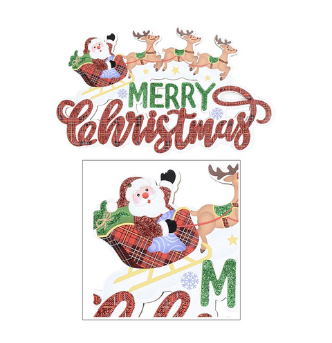 Christmas Warehouse - XM231035 Santa Sleigh & Reindeer Merry Christmas Hanging Sign | 40cm Red & Green with Brown, Yellow & Blue on White