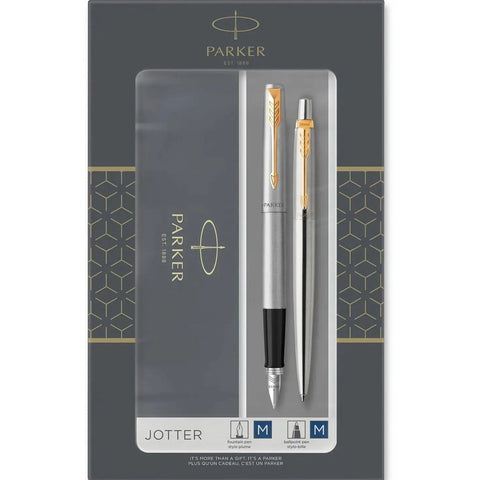 Parker Jotter Fountain Pen Ballpoint Duo Gift Set (Stainless Steel Gold Trim)