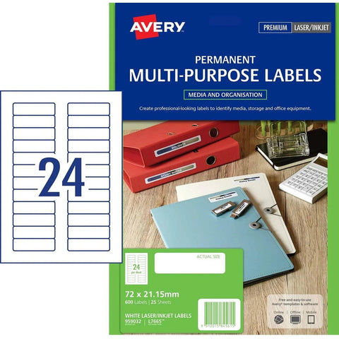 Avery 959032 L7665 Mini Data Label Laser White 24/Page Pack 600
