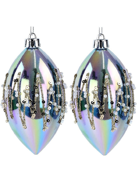 Christmas Warehouse - DECRH038 4x Iridescent Lustrous Signature Beaded Finial Drops | 12cm Iridescent with Gold & White