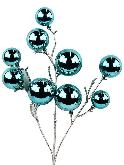 Christmas Warehouse - STEM2509 Shiny Turquoise Bauble Spray Long Christmas Stem | 52cm Turquoise with Silver