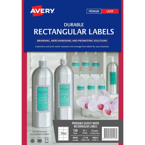 Avery 980054 L7148 Durable Rectangular Labels Laser 10Up [Pack 100]