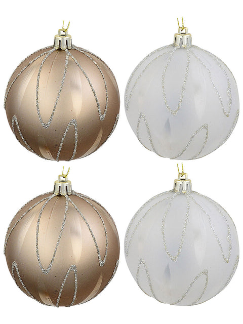 Christmas Warehouse - DECR2661 4x Celestial Rose Gold & Frosted White Signature Petal Filigree Baubles | 80mm White & Rose Gold with Champagne