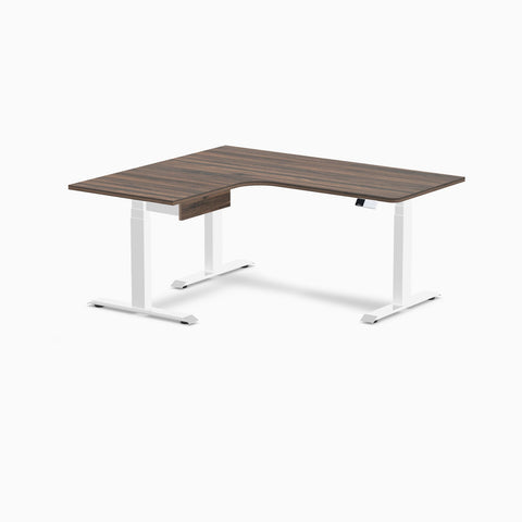 Desky L-Shape Melamine Standing Desk With Drawer 160cm - Left Return Jarrah Legno Top and White Leg