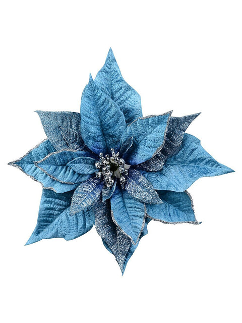 Christmas Warehouse - PICK2522 Layered Blue With Glitter Poinsettia Christmas Tree Clip Pick | 30cm Blue with Silver