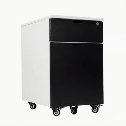 Desky Minimal Wooden Filing Cabinet - White / Black Melamine