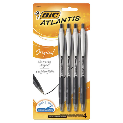 BIC Atlantis Original Medium Retractable Ball Pens [Black] (4-Pack)