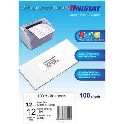 Unistat 38947 Multi-Purpose Label 12up 68x70mm White Pack 100