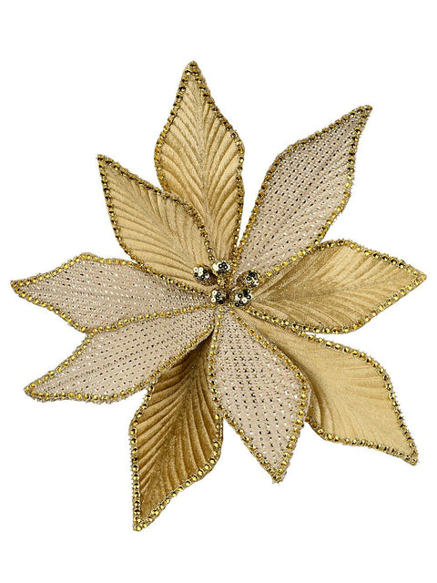 Christmas Warehouse - PICK2534 Gold Velvet & Natural With Diamantes Poinsettia Christmas Tree Clip Pick | 30cm Gold with Natural