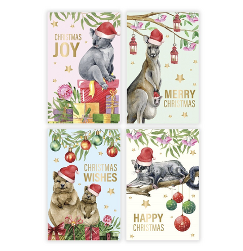 Christmas Warehouse - WRAPX359 10x Australiana Native Animals Christmas Cards With Gold Foil | 17cm Various