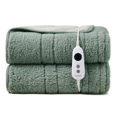 Dreamaker Reversible Sherpa & Coral Fleece Electric Heated Throw Blanket [180x200cm] (Olive/Sage)