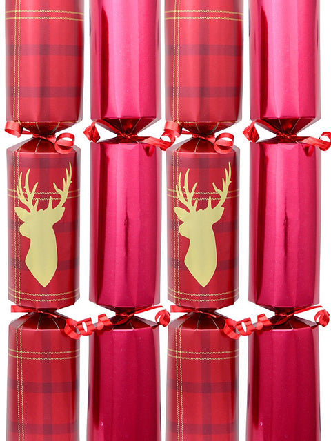 Christmas Warehouse - BONS2503 50x Tartan Deer Bust & Burgundy Christmas Bon Bons (Crackers) | 30cm Burgundy & Red with Gold