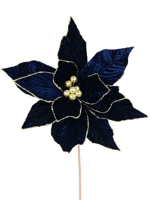 Christmas Warehouse - STEM2326 Royal Blue Velvet & Gold Poinsettia Long Christmas Stem | 54cm Royal Blue with Gold