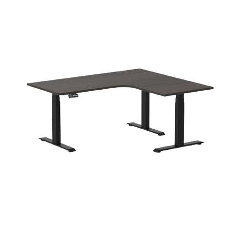 Desky L-Shape Melamine Sit Stand Desk 160cm - Left Return Burnished Wood Top and Matte Black Leg