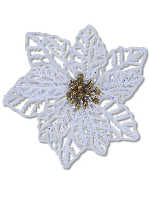 Christmas Warehouse - PICK2302 White Bract Vein Silhouette Poinsettia Christmas Tree Clip Pick | 17cm White with Gold