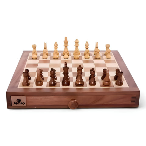 Jenjo Games Portable Carved Sheesham Chess and Checker Board Set