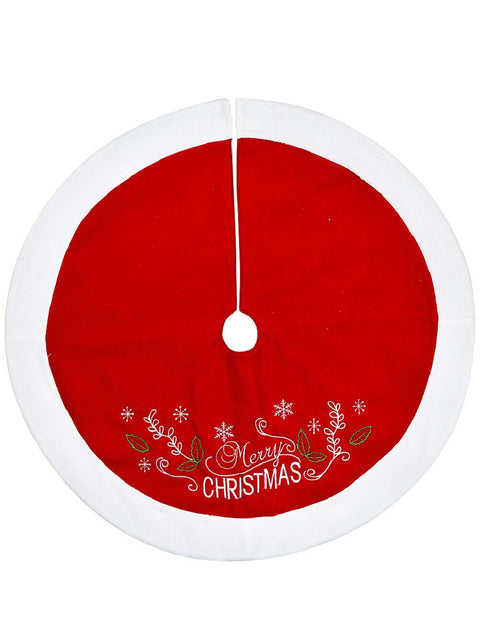 Christmas Warehouse - SKRT2403 1m Red Fleece & White Faux Fur Embroidered Foliage Christmas Tree Skirt Red with White & Green