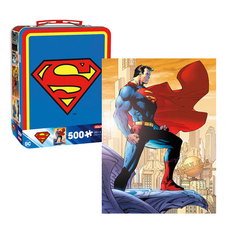Aquarius 500pc Superman Collectable Latched Tin Fun Box with Puzzle 14x19in