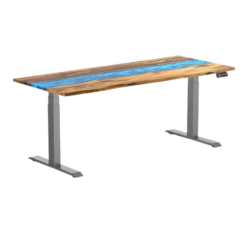 Desky Dual Resin Hardwood Sit Stand Desk 180cm Teak Blue River Desktop and Space Grey Frame