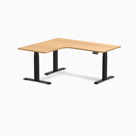 Desky L-Shape Melamine Sit Stand Desk 160cm - Right Return Select Beech Top and White Leg