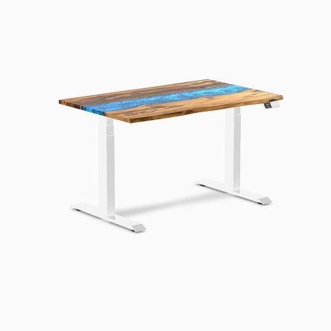 Desky Dual Resin Hardwood Sit Stand Desk 120cm Teak Blue River Desktop and White Frame