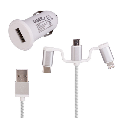 Laser 3-in-1 USB Car Charger for All Devices (White)