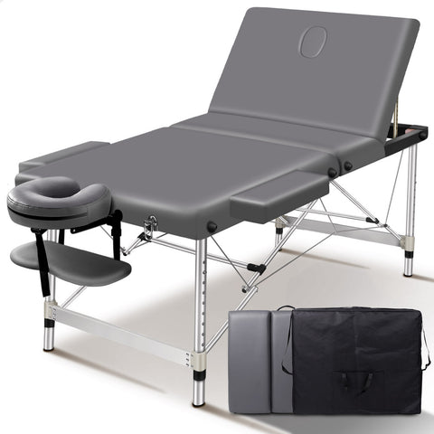 ALFORDSON Massage Table 3 Fold Aluminium Portable Massage Table PU Leather 65cm (Grey)