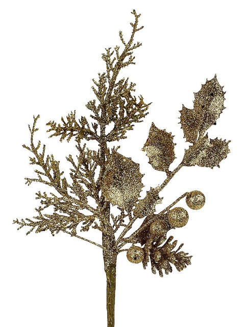 Christmas Warehouse - PICK2219 Gold Glitter Mixed Foliage With Pinecone & Berries Christmas Stem Pick | 28cm Gold