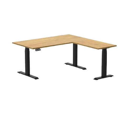 Desky Rubberwood L-Shape Sit Stand Desk 180 x 175 cm Light Oak Top and Matte Black Leg