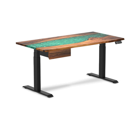 Desky Dual Resin Hardwood Standing Desk With Drawer 150cm Natural Walnut Emerald River Desktop and Matte Black Frame