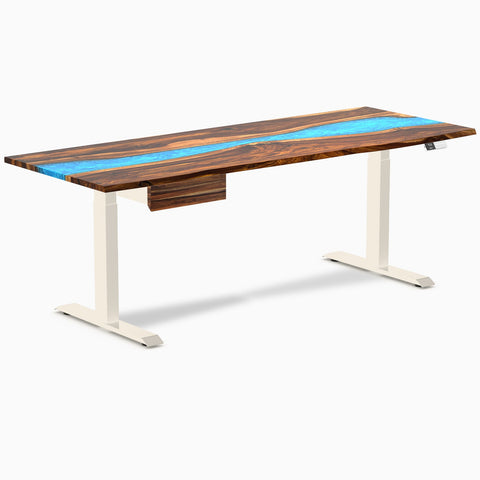 Desky Dual Resin Hardwood Standing Desk With Drawer 200cm Pheasantwood Blue River Desktop and Wheat Frame