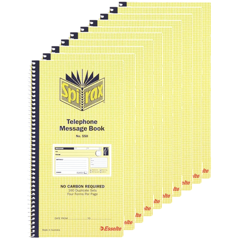 Spirax 10 Pack 550 Telephone Message Book Carbonless 160 Page 279x144mm