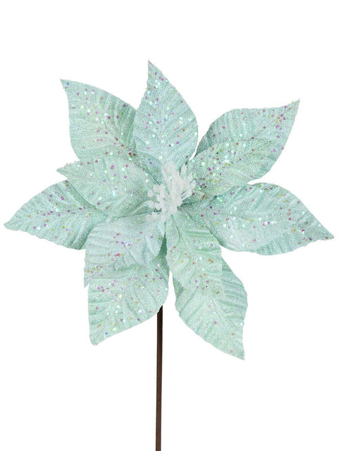 Fairy Floss Turquoise Poinsettia With Sequins Long Christmas Stem | 55cmPastel Turquoise