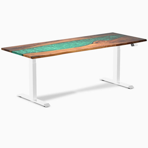 Desky Dual Resin Hardwood Sit Stand Desk 200cm Natural Walnut Emerald River Desktop and White Frame