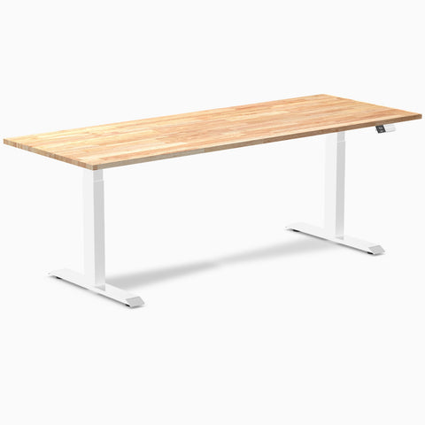 Desky Dual Rubberwood Sit Stand Desk 200cm Natural Timber Desktop and White Frame