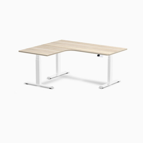 Desky L-Shape Melamine Sit Stand Desk 160cm - Left Return Classic Oak Top and White Leg