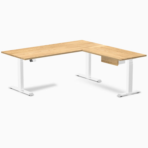 Desky Hardwood L-Shape Standing Desk With Drawer 180 x 175 cm White Oak Top and White Leg