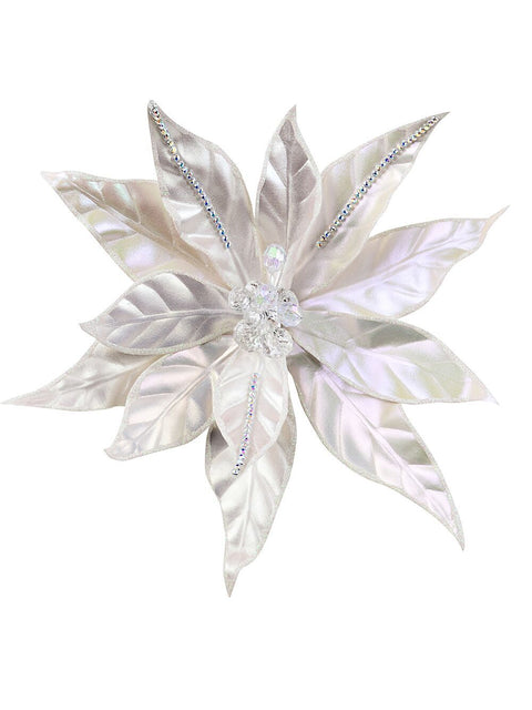Christmas Warehouse - PICK2505 Matte Pearl With Diamantes Poinsettia Christmas Tree Clip Pick | 32cm Matte Pearl with Iridescent