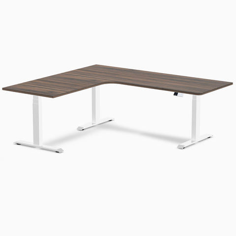 Desky L-Shape Melamine Sit Stand Desk 200cm - Left Return Jarrah Legno Top and White Leg