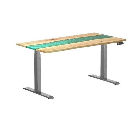 Desky Dual Resin Hardwood Sit Stand Desk 150cm White Ash Emerald River Desktop and Space Grey Frame